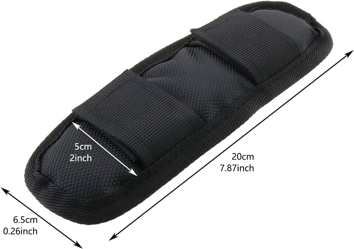 Black removable luggage shoulder strap pad with webbing straps and rounded end