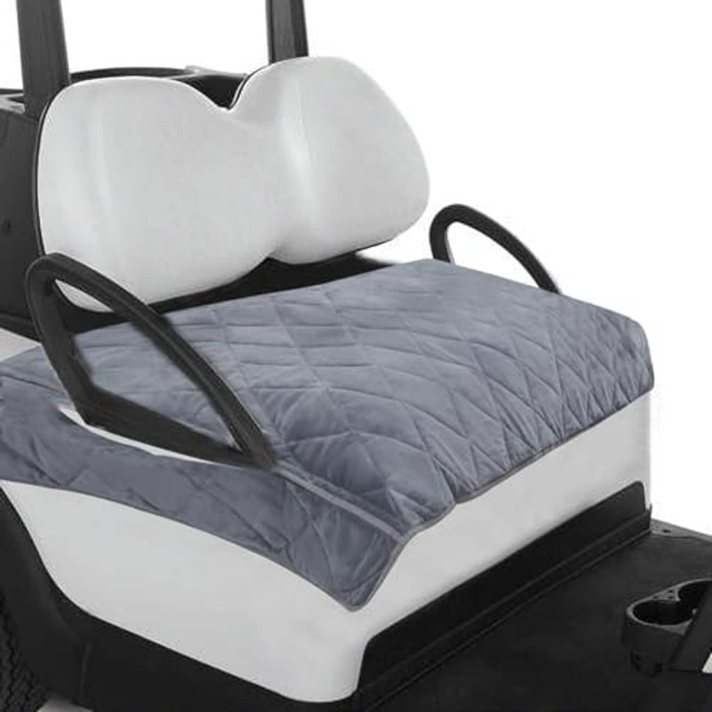Gray quilted golf cart seat cover towel blanket with plush surface and stitched side edges