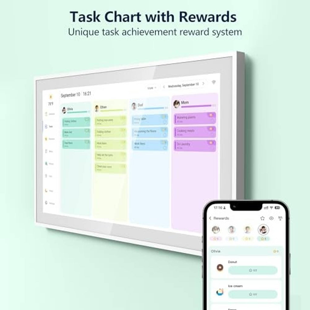 Digital task chart screen with rewards layout and smartphone app preview on lower right