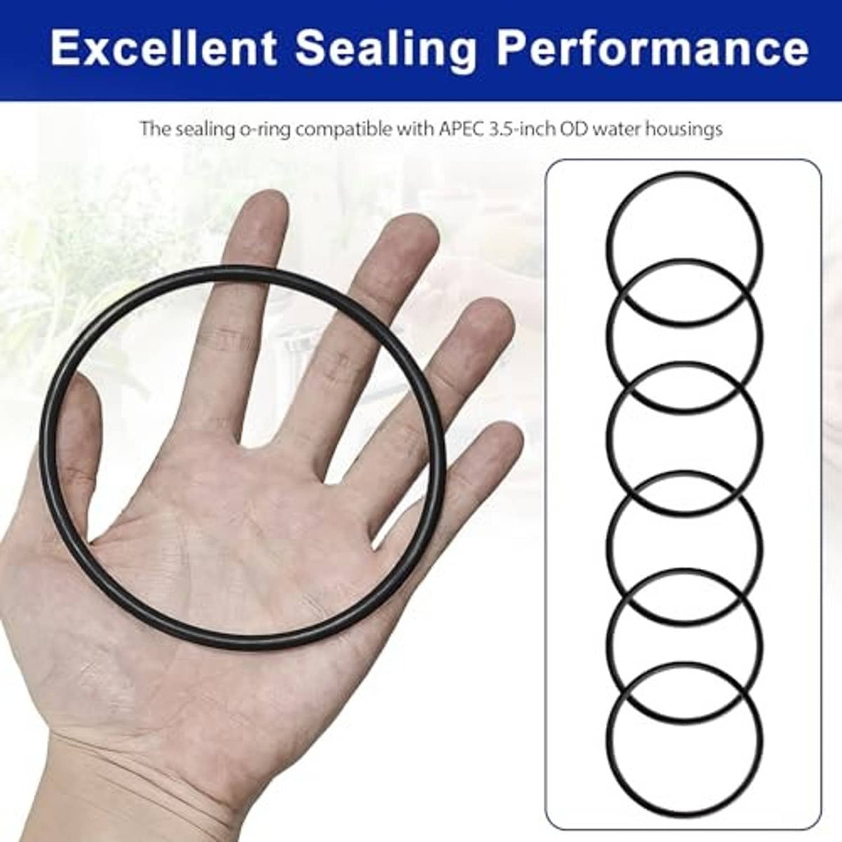 Black rubber sealing O-rings for water filter housings, shown in hand