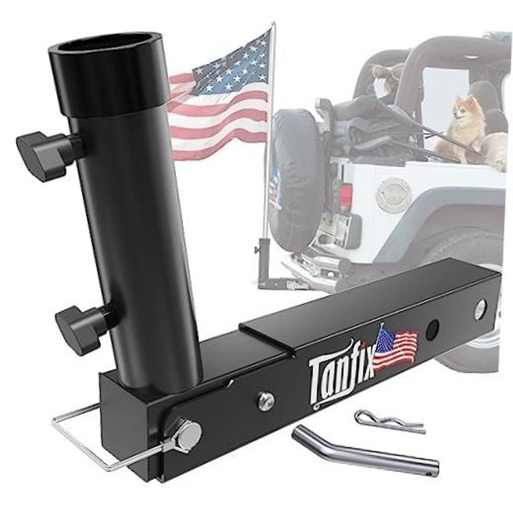 Foldable black hitch mount flagpole holder with upright pole mount and base plate