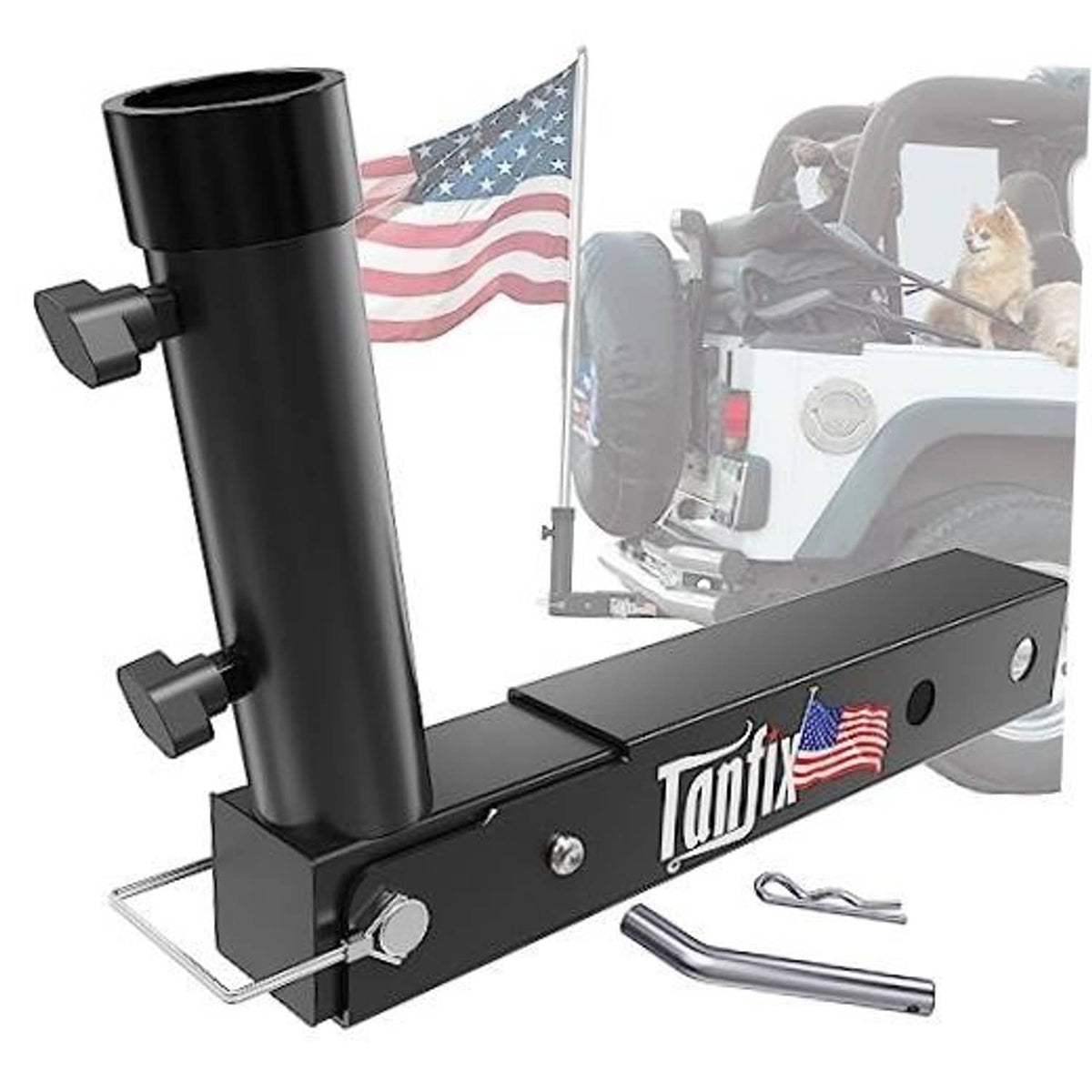 Foldable black hitch mount flagpole holder with upright pole mount and base plate