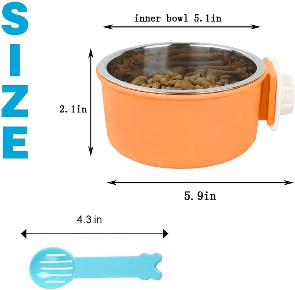 Orange hanging dog bowl with stainless steel inner bowl and side mounting clips