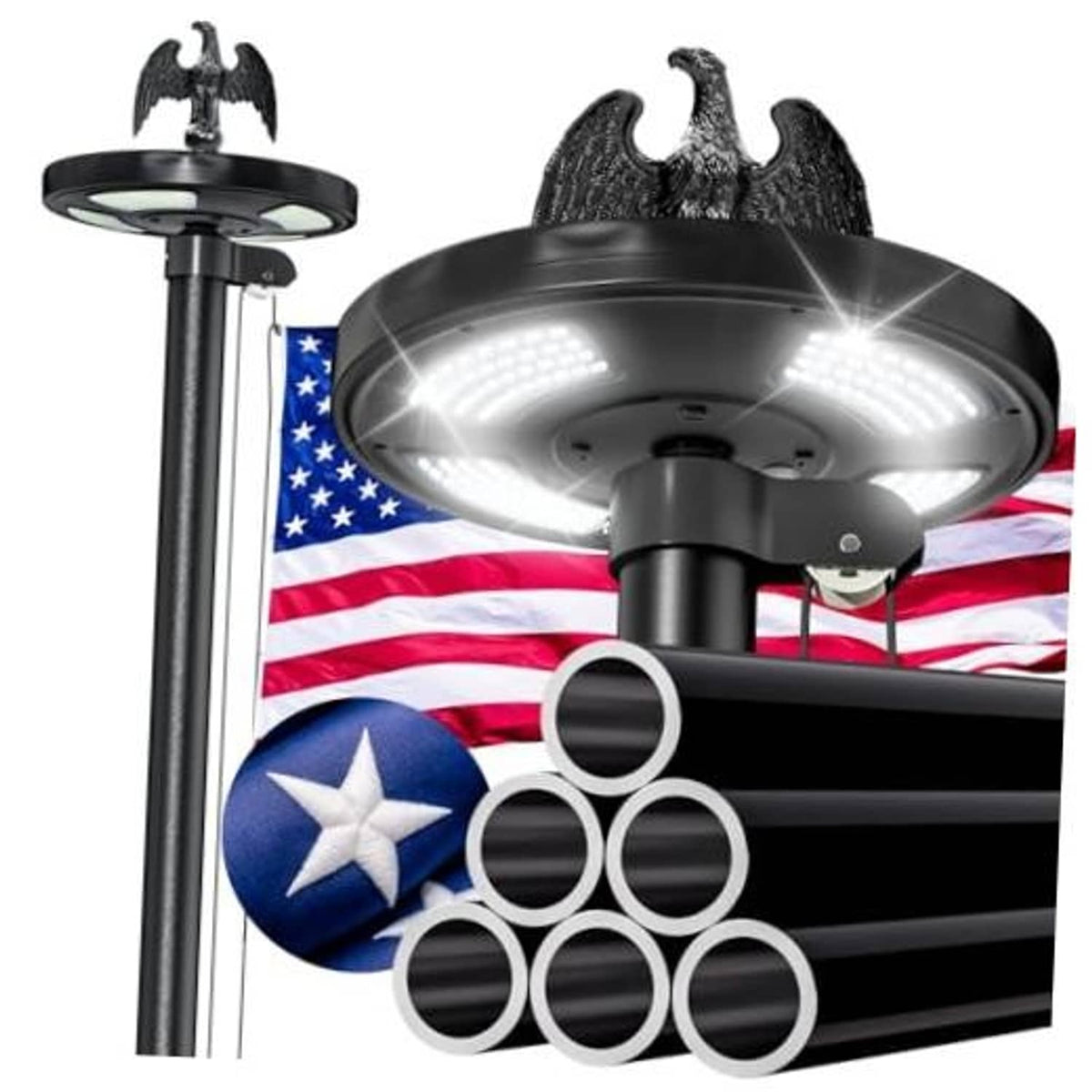 Black in-ground flag pole with solar light and eagle finial, round LED lamp head