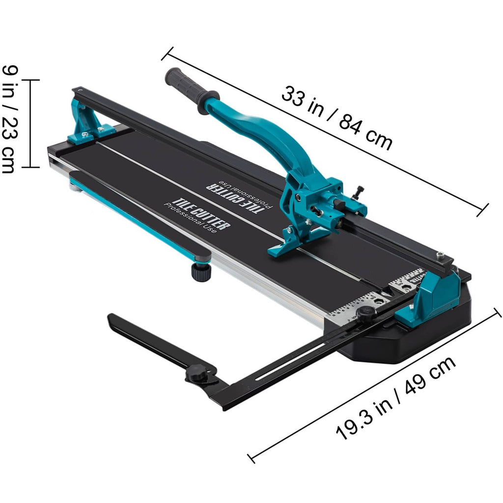 31 in tile cutter with teal handle and black base; measurements indicated