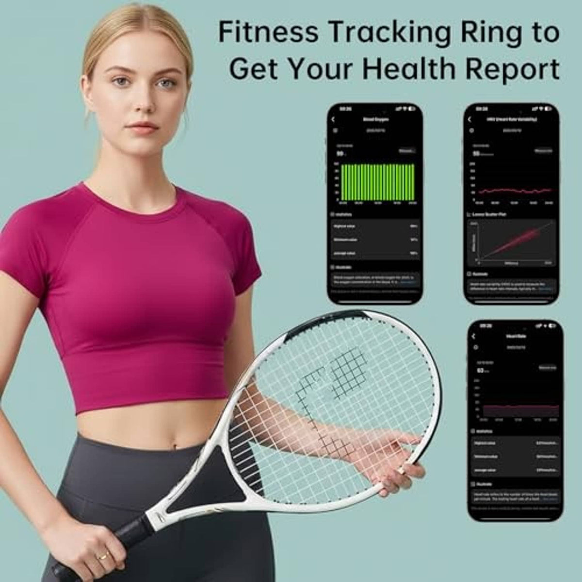 Fitness tracking smart ring on wrist with phone health report screens