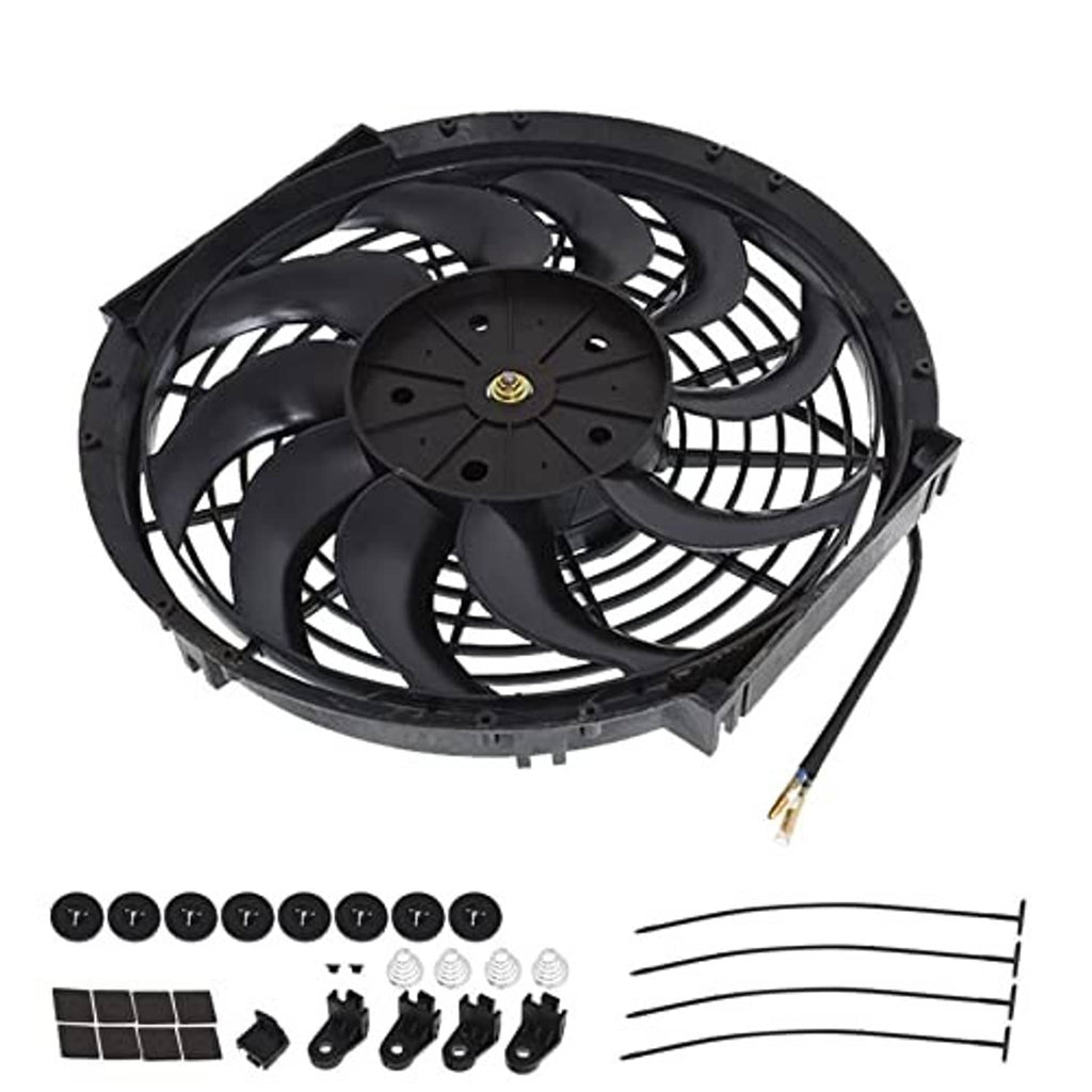 Black radiator cooling fan with hardware set shown: brackets, clips, and wiring leads