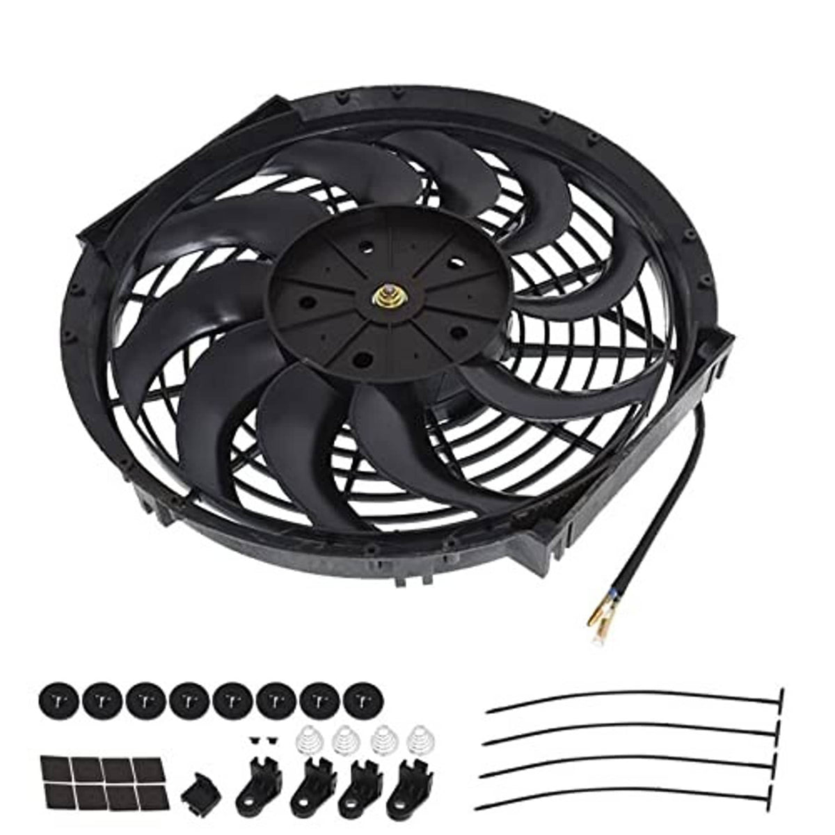 Black radiator cooling fan with hardware set shown: brackets, clips, and wiring leads