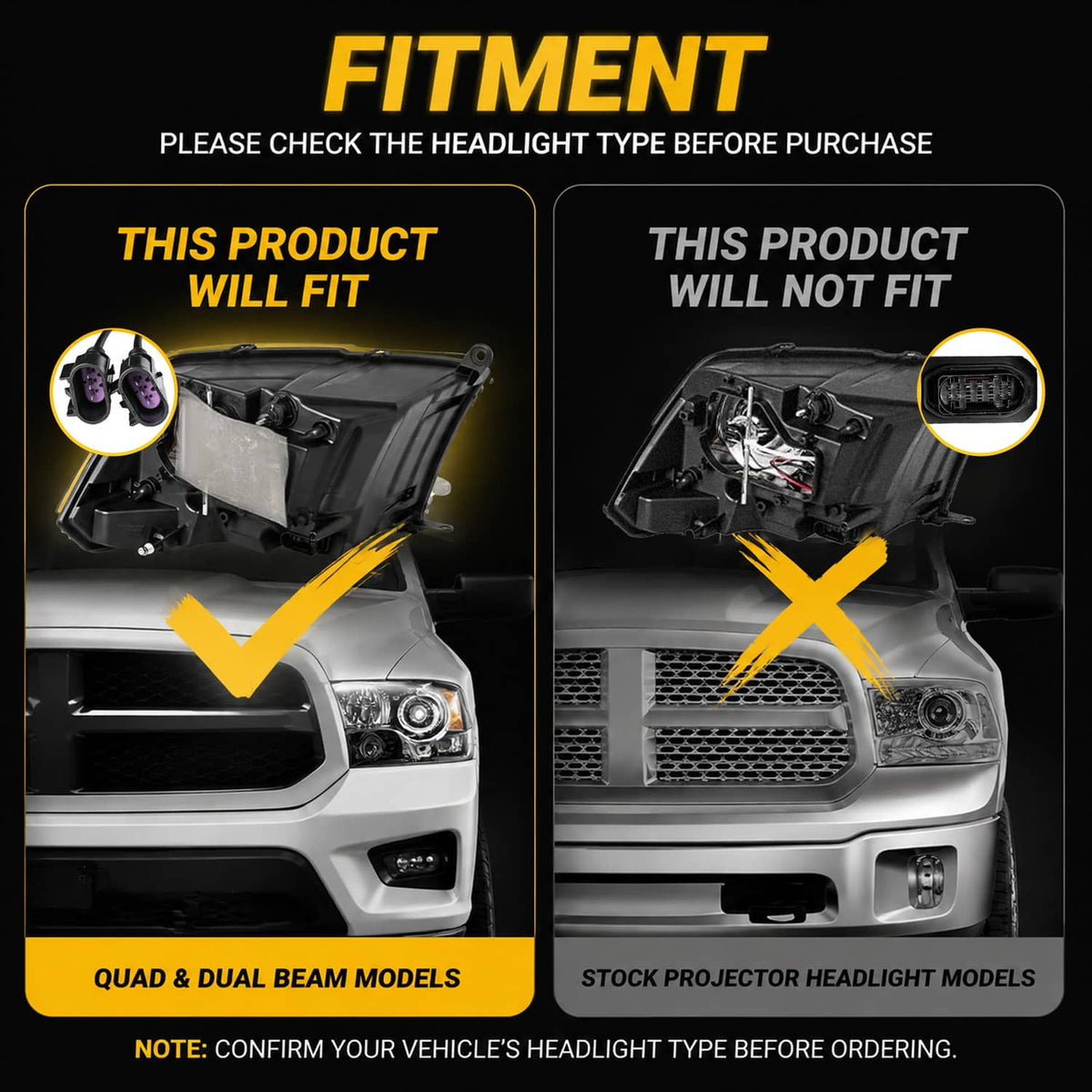 Headlight fitment comparison diagram showing projector headlight housing versus stock style