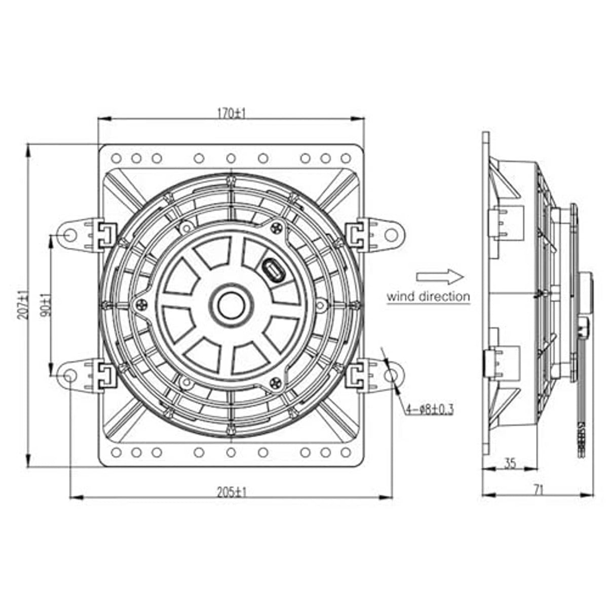 Line drawing of 6-inch radiator cooling fan showing front and side dimensions