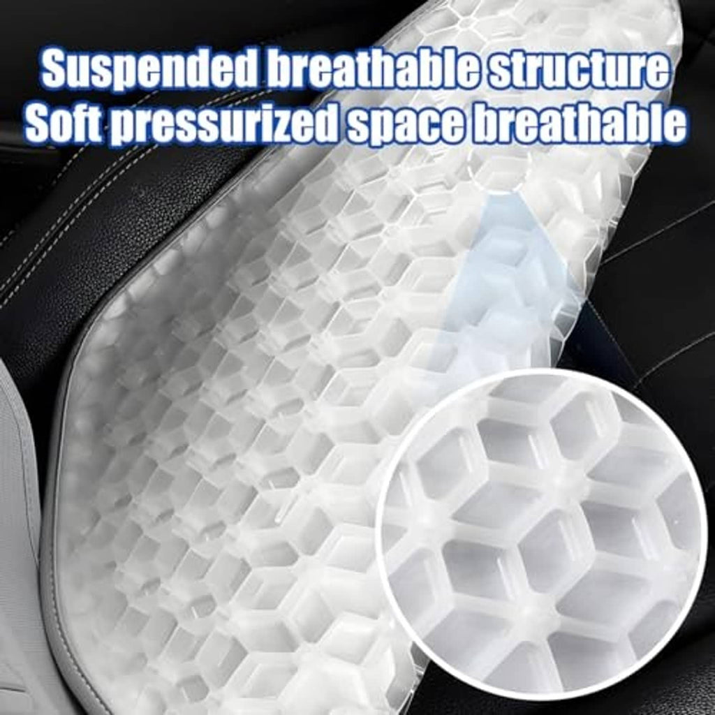 White gel car seat cushion layer with hex pattern texture, close-up view