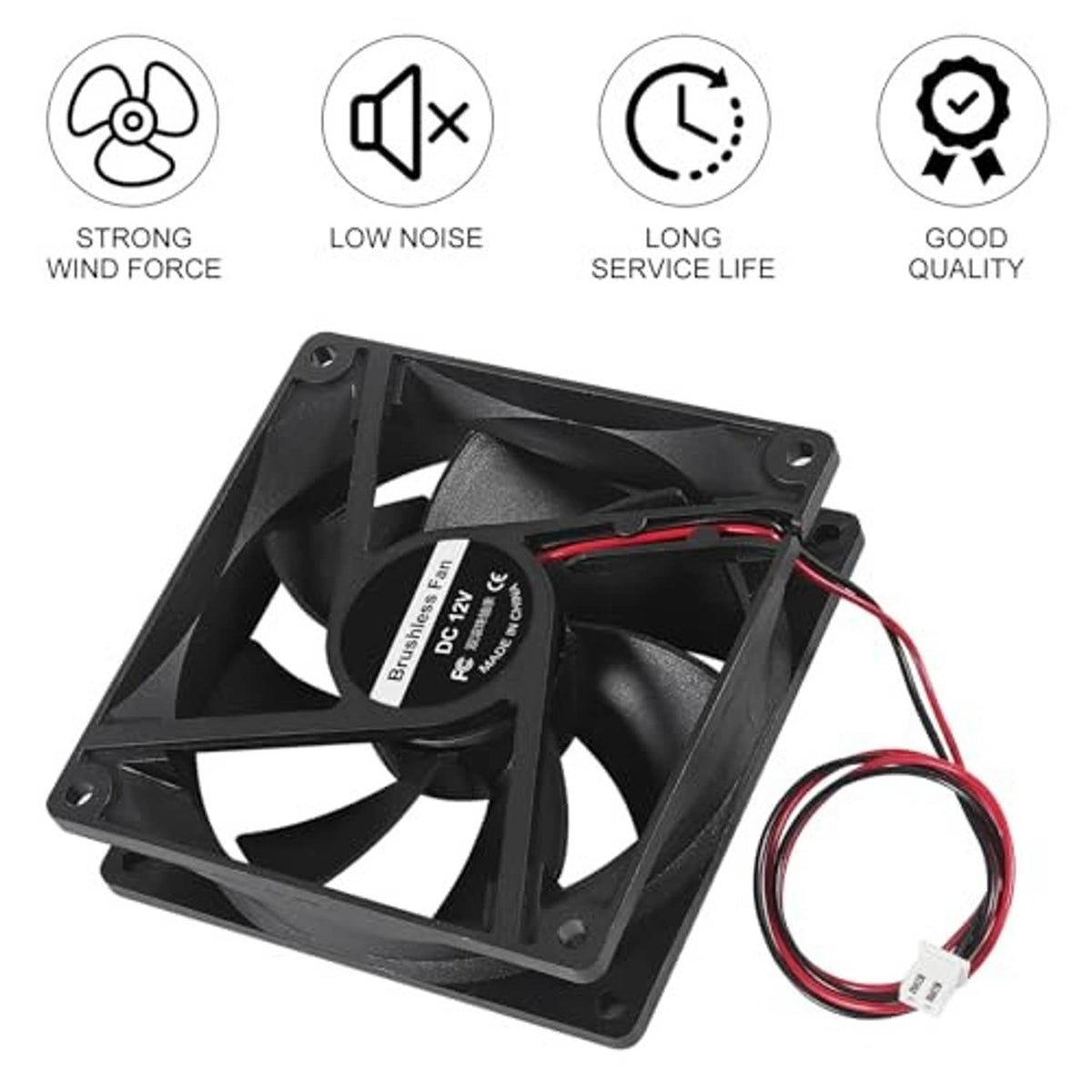 Black 92mm brushless PC fan with red/black 2-pin lead and dual ball bearing rings