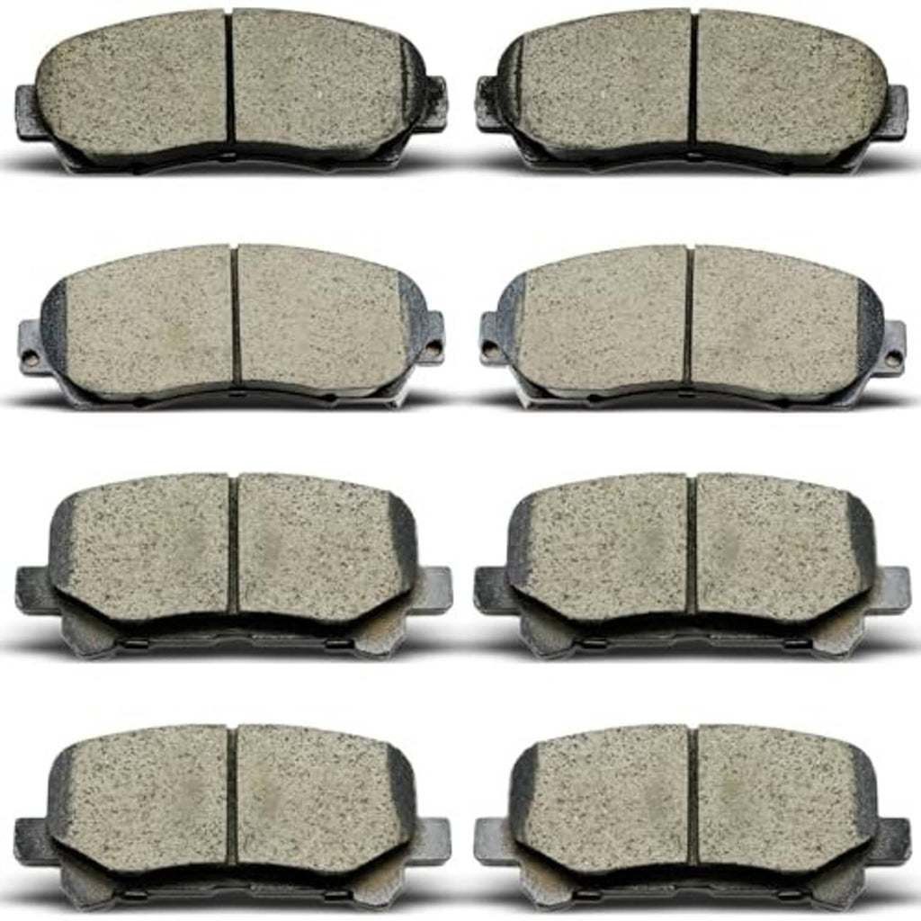 Ceramic brake pads set, gray friction face with black mounting hardware and metal backing