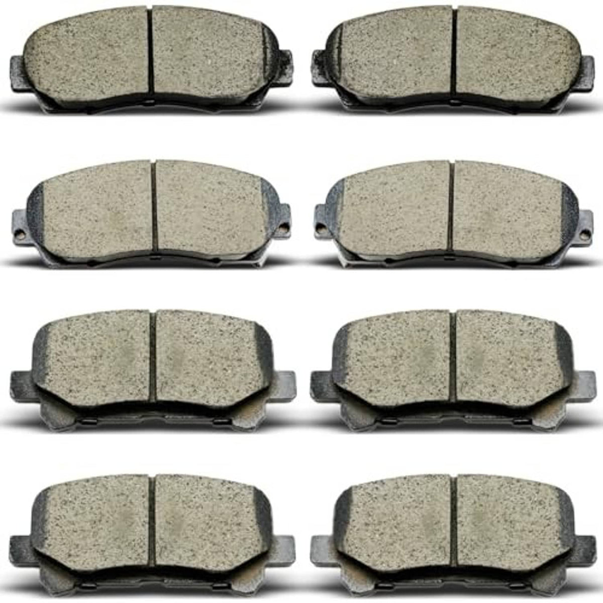 Ceramic brake pads set, gray friction face with black mounting hardware and metal backing