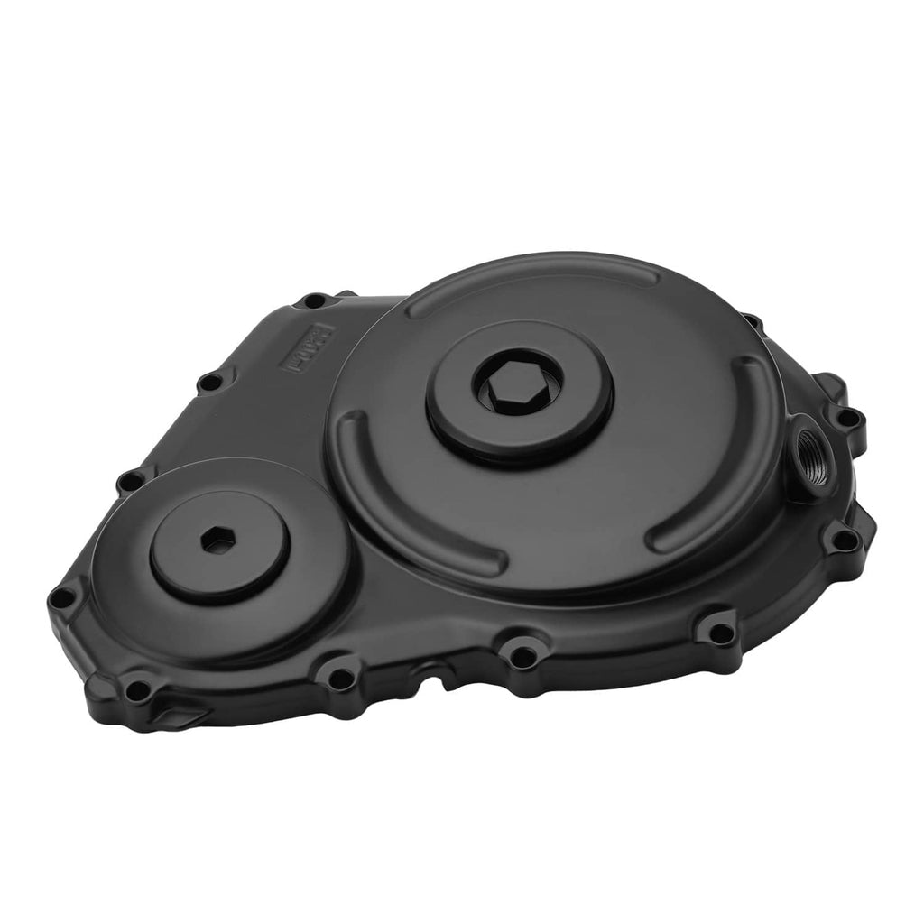 Black crankcase cover with two circular caps and side mounting ports