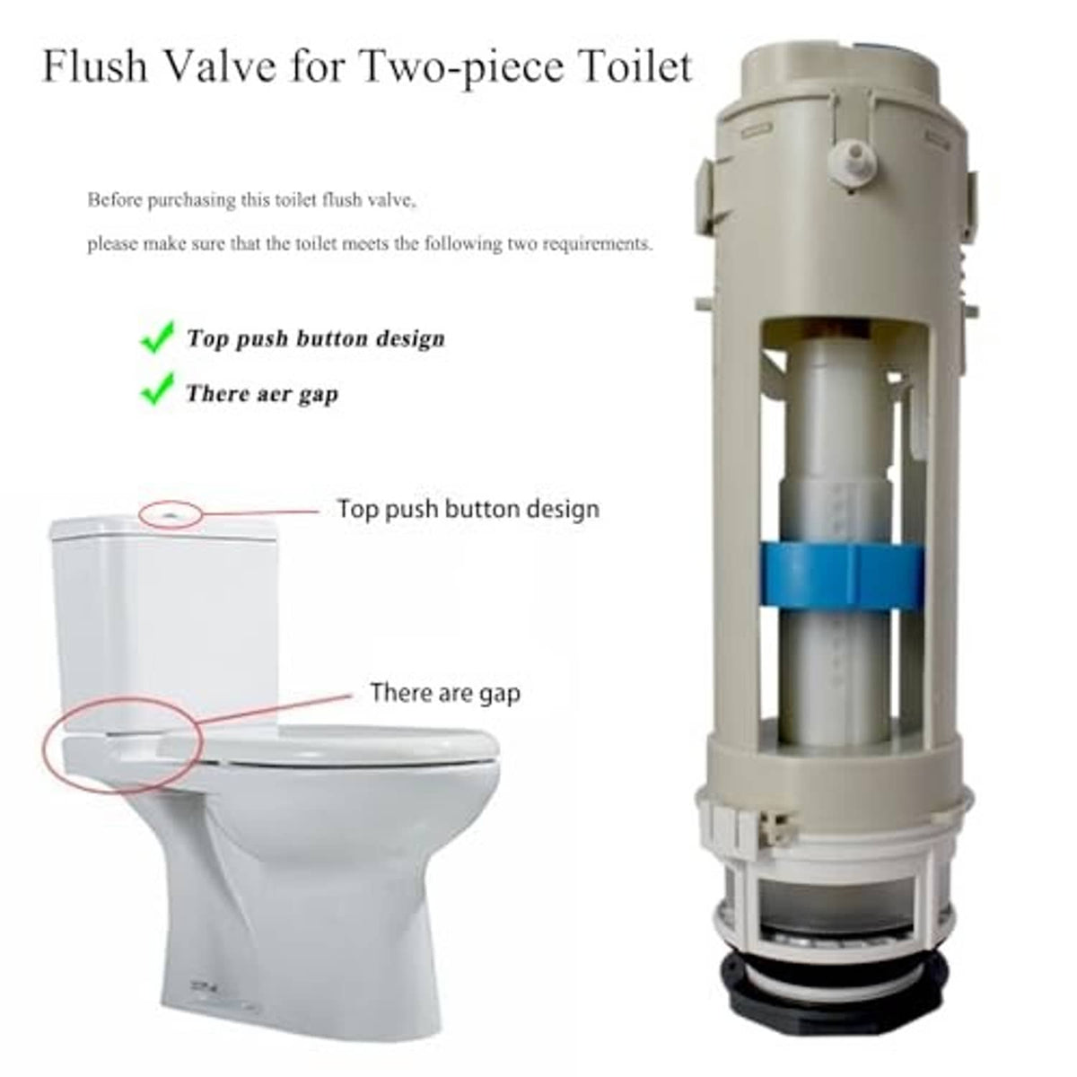 Toilet flush valve replacement part next to two-piece toilet tank outlet area