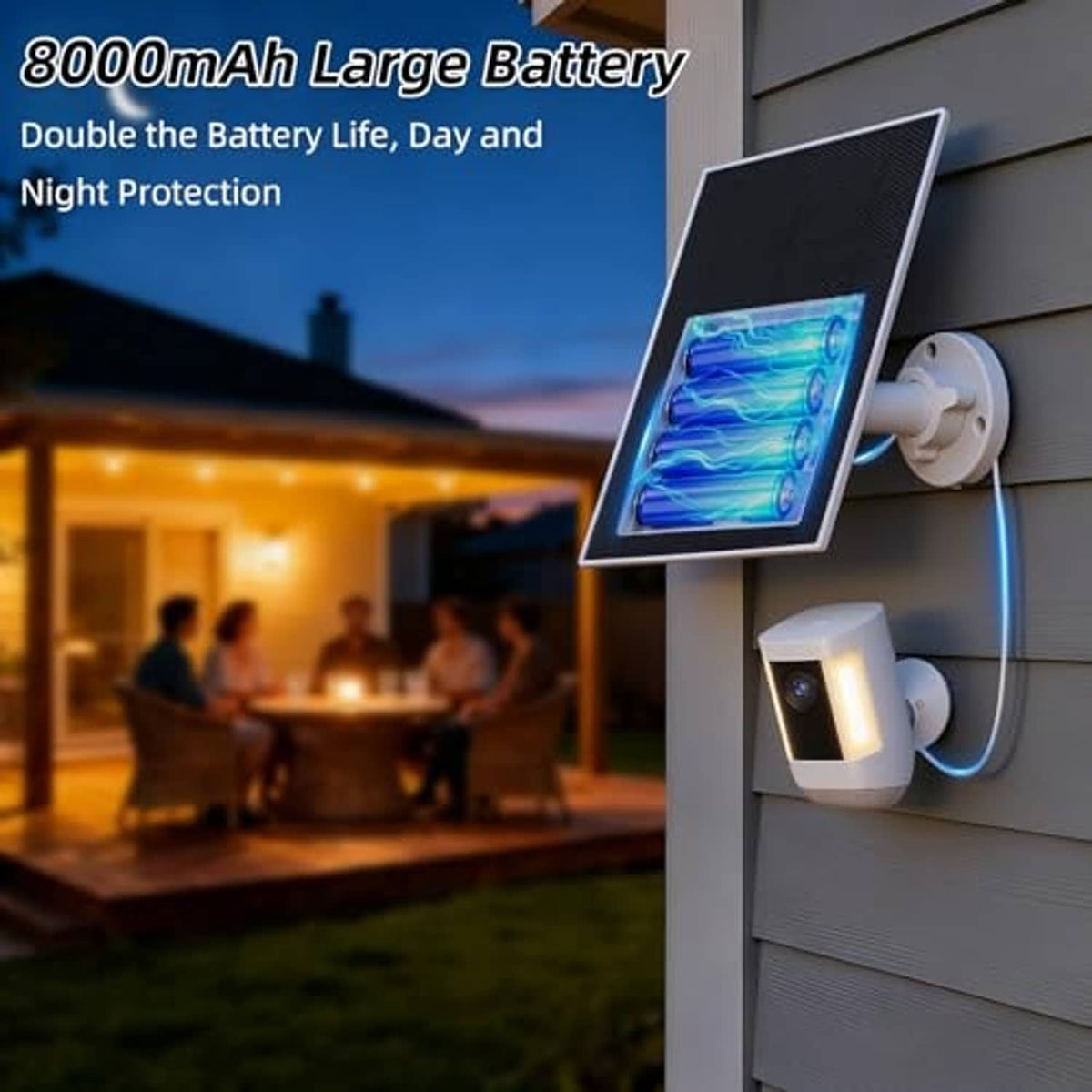 Solar panel with battery powering outdoor security camera, blue light display