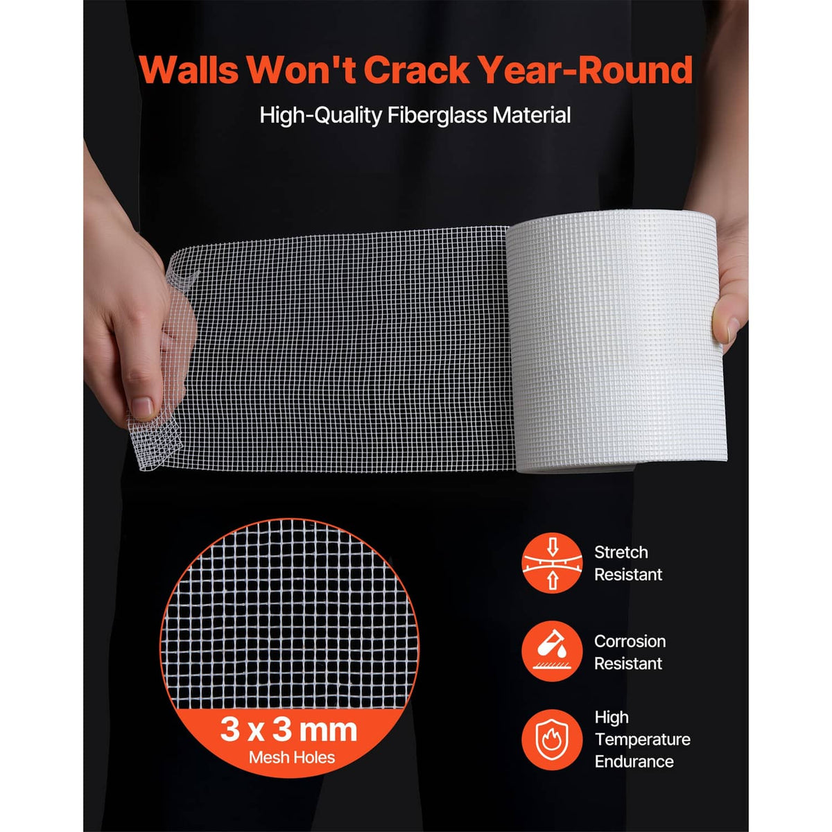 White fiberglass mesh tape sheet held in hands, fine grid pattern visible