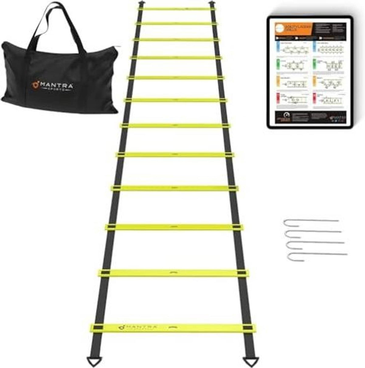 12-rung agility ladder with bright yellow rungs and black rails, with ground stakes