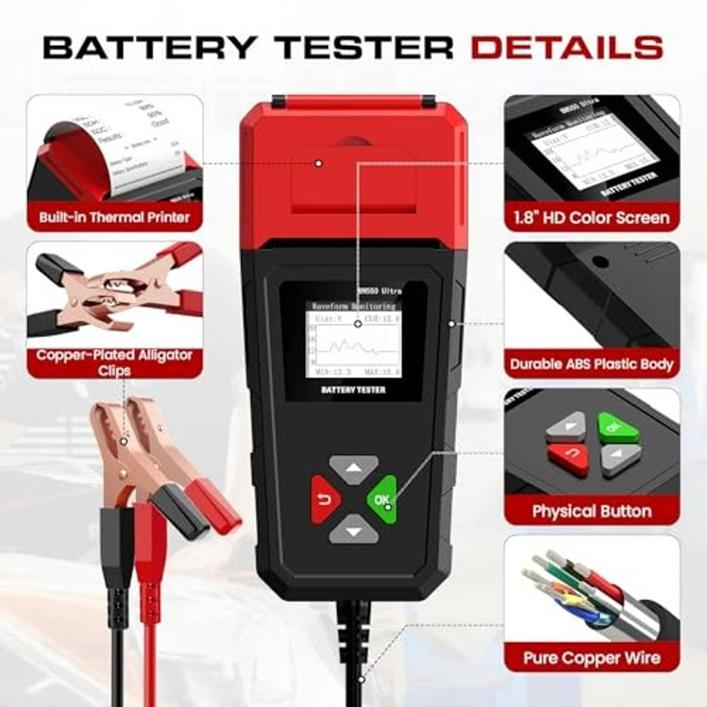 Car battery tester detail view with built-in thermal printer and red ABS body