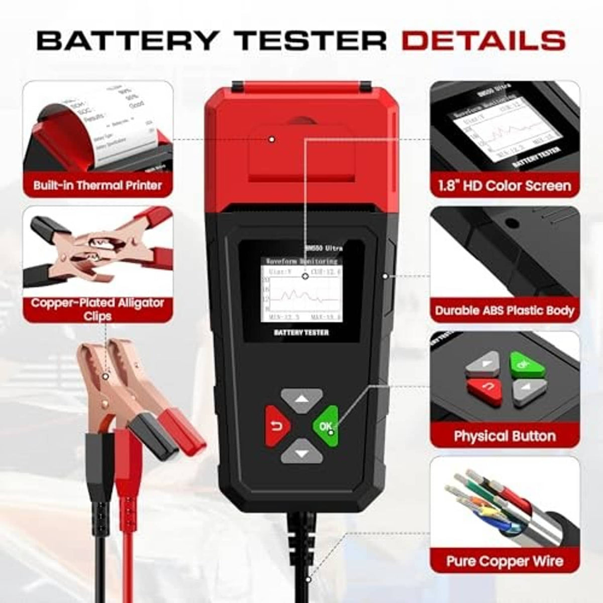 Car battery tester detail view with built-in thermal printer and red ABS body