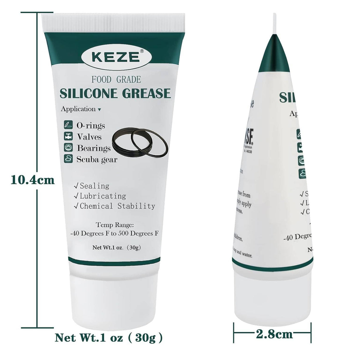 KEZE food grade silicone grease tube with size dimensions, white tube with green top