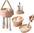 3-in-1 makeup brush cleaner and drying rack set with silicone pads and brush cups, beige