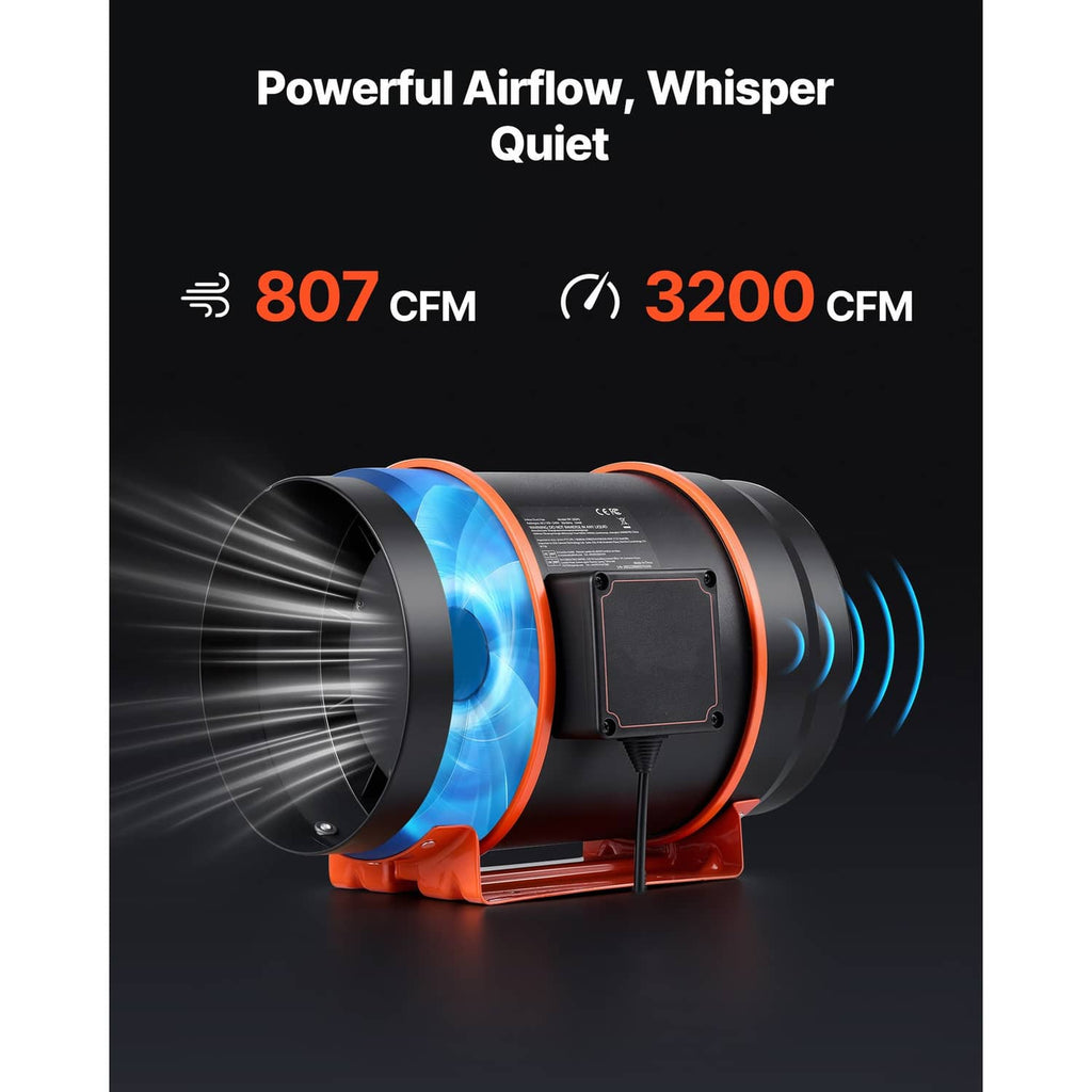 8-inch inline duct fan with orange ring, airflow blades, and power rating icons