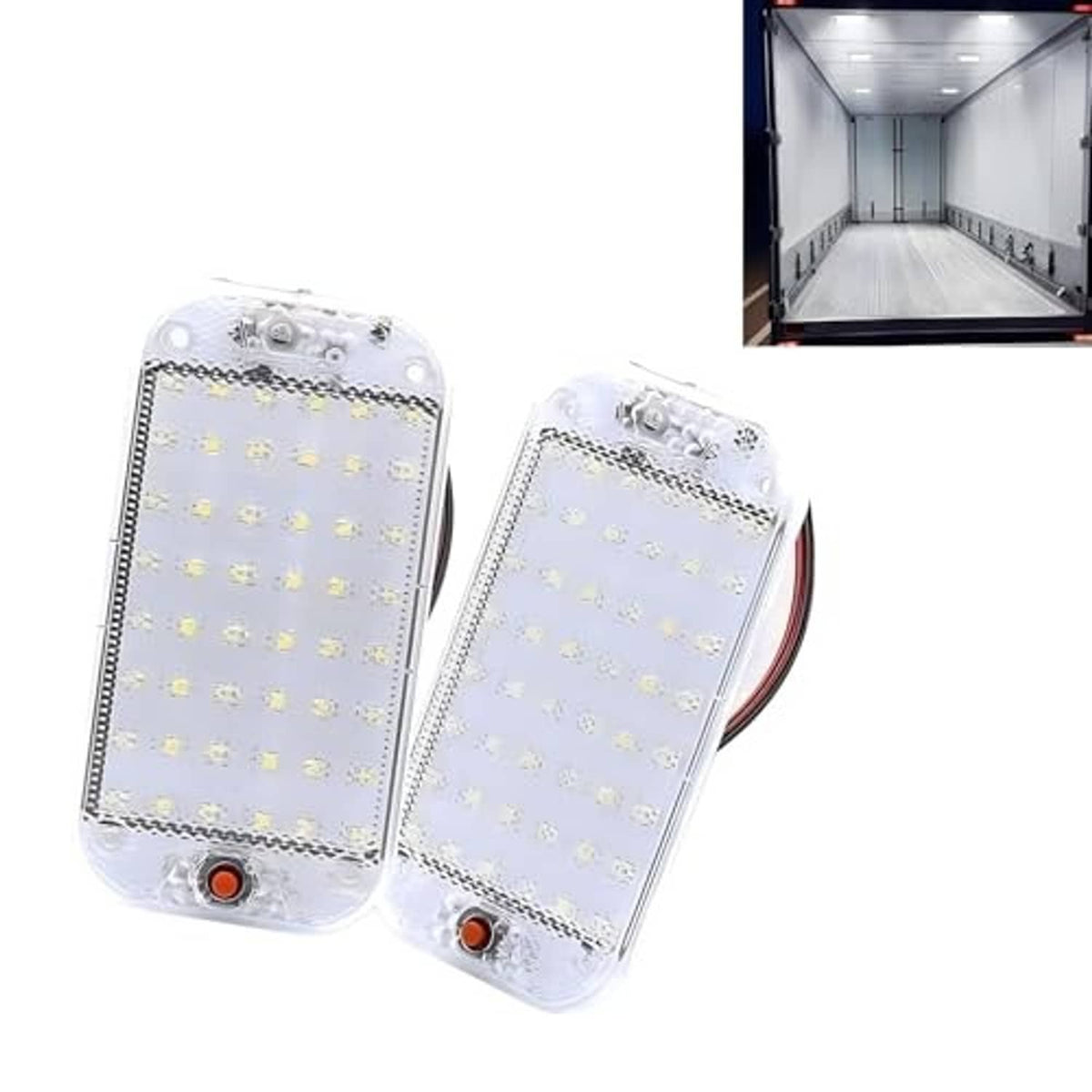 Two clear RV dome LED lights with wire leads, with inset showing lit interior space