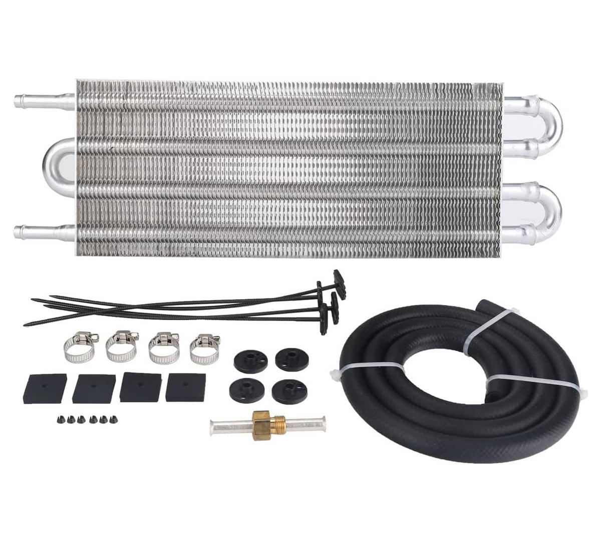 4-row aluminum transmission oil cooler with hoses and mounting hardware kit