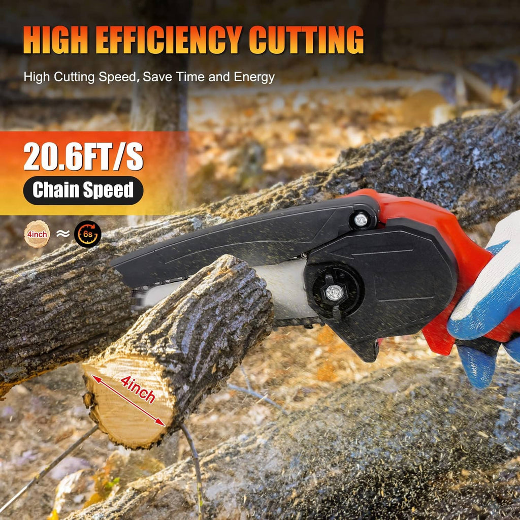 Mini cordless chainsaw cutting wood with 4-inch bar and chain, held in gloved hand
