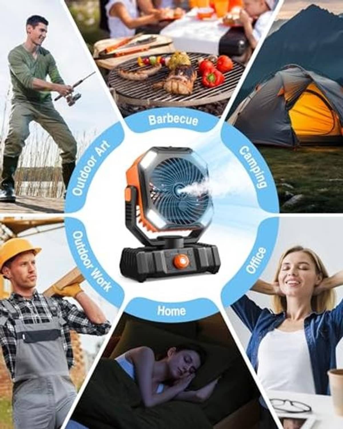 Portable misting fan with black and orange body, shown outdoors use context