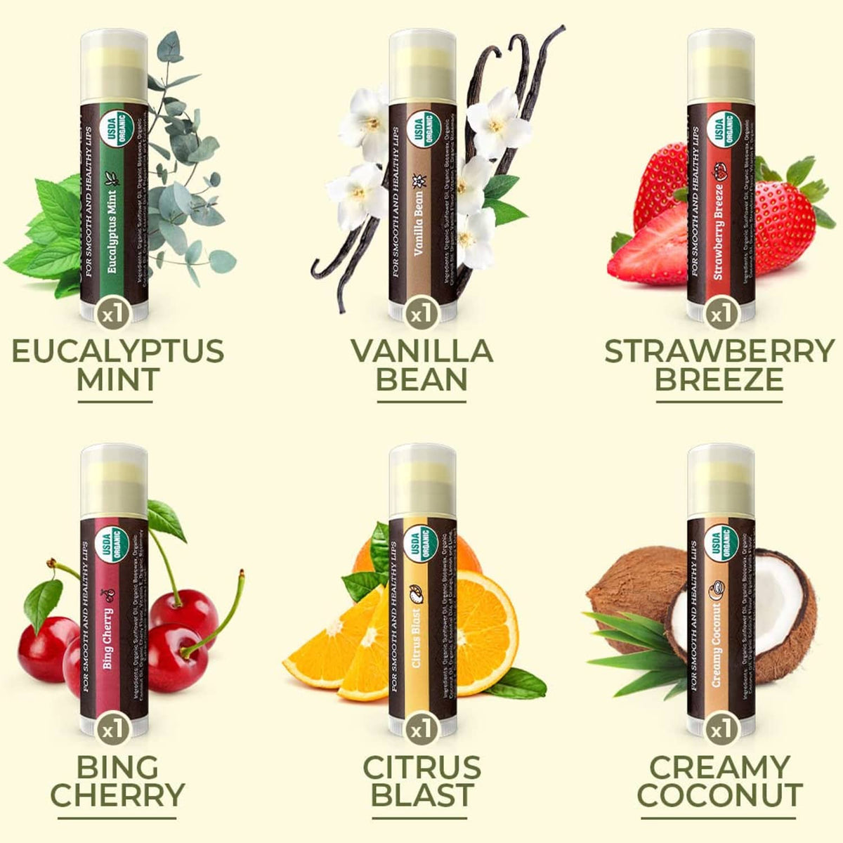 Six organic lip balm tubes with flavor labels: eucalyptus mint, vanilla bean, strawberry