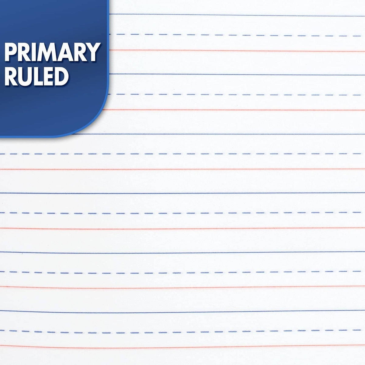 Primary ruled notebook paper with blue lines and red horizontal guidelines