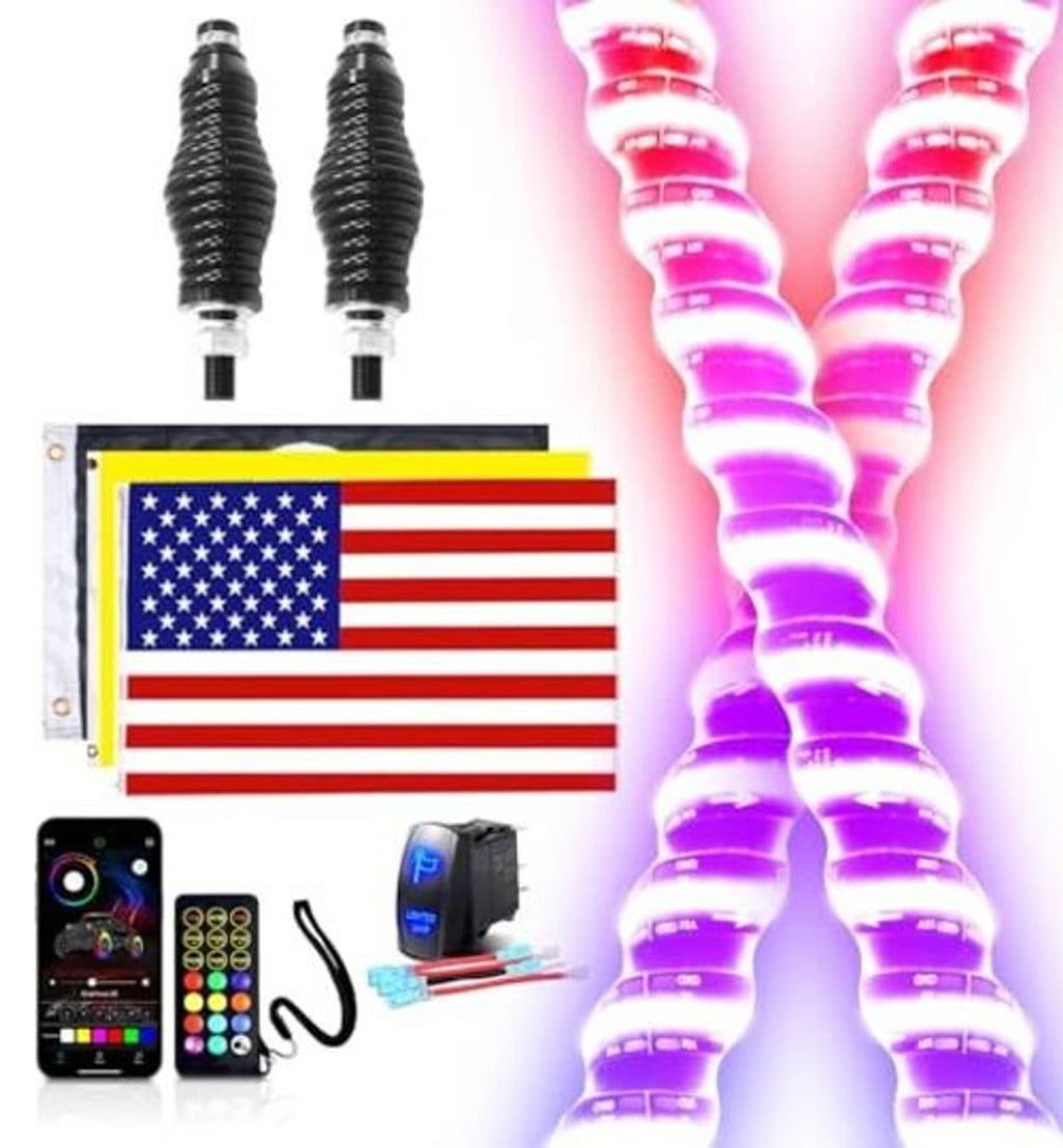 RGB LED whip lights set with two spiral tubes, remote control, and power unit