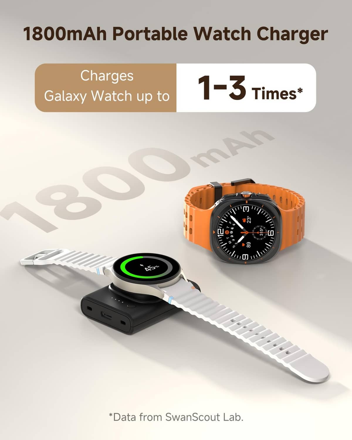 Portable watch charger with black base and green LED, beside orange watch on stand