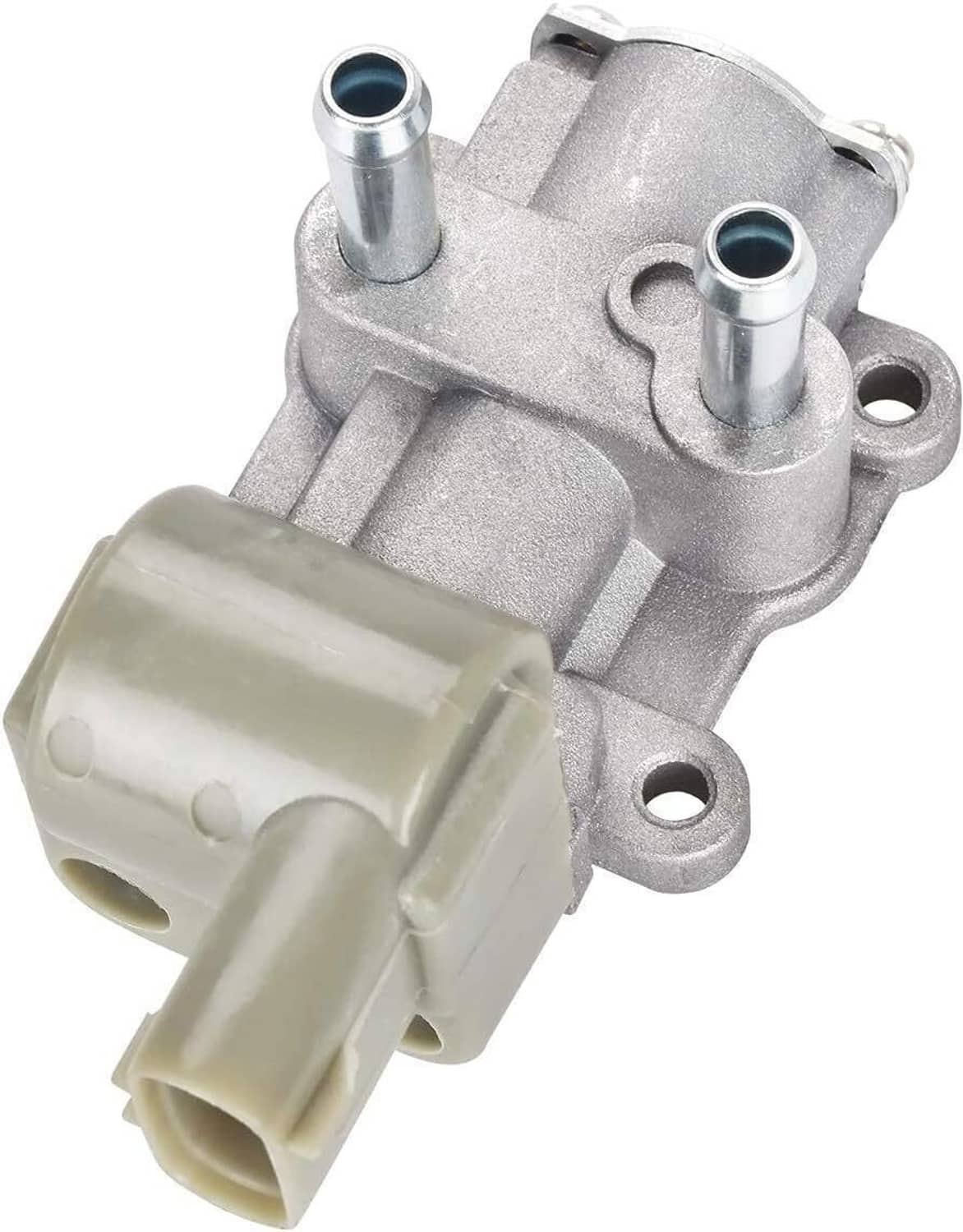 Idle air control valve angled view with beige base body and two tube openings