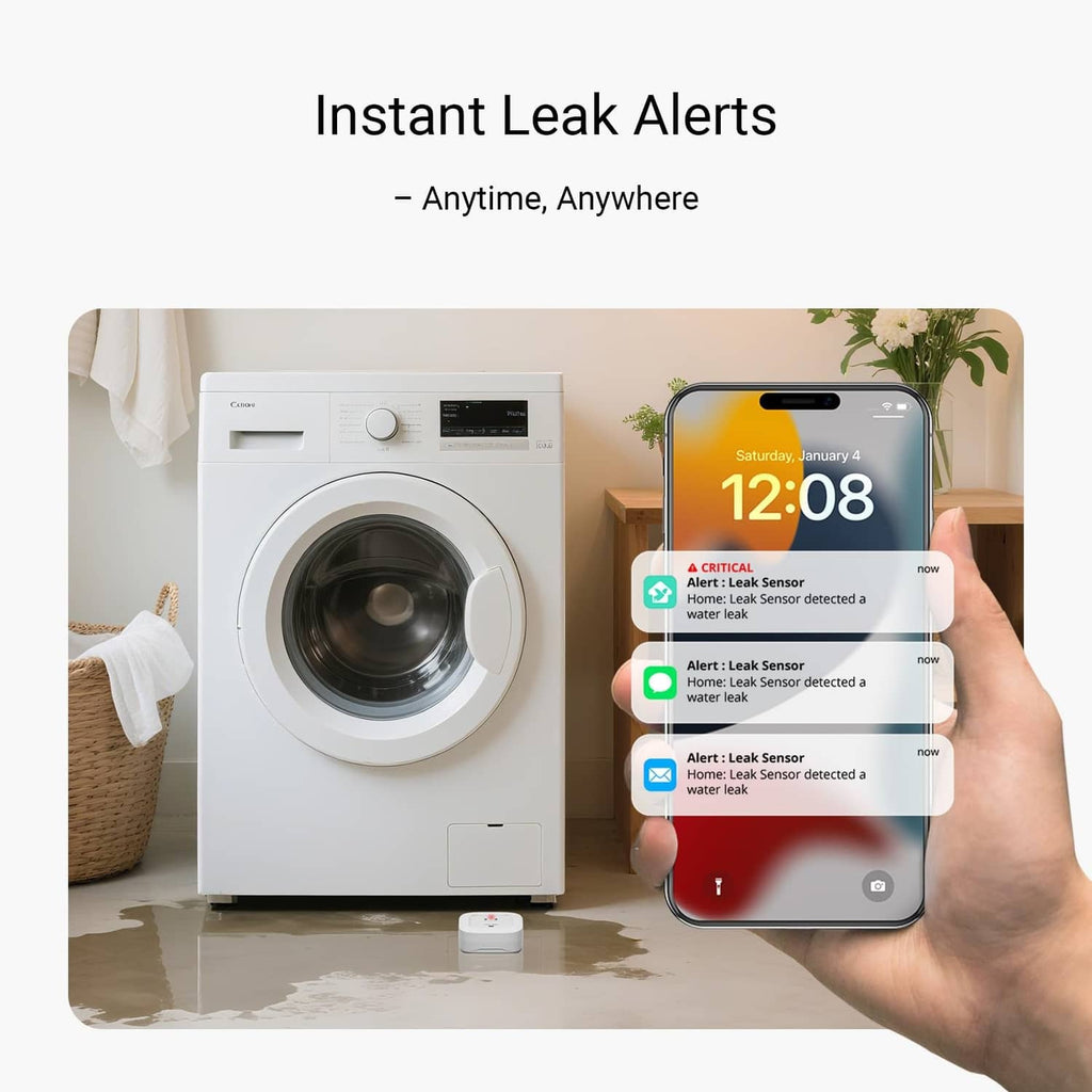 White water leak sensor on the laundry room floor with phone leak alert.
