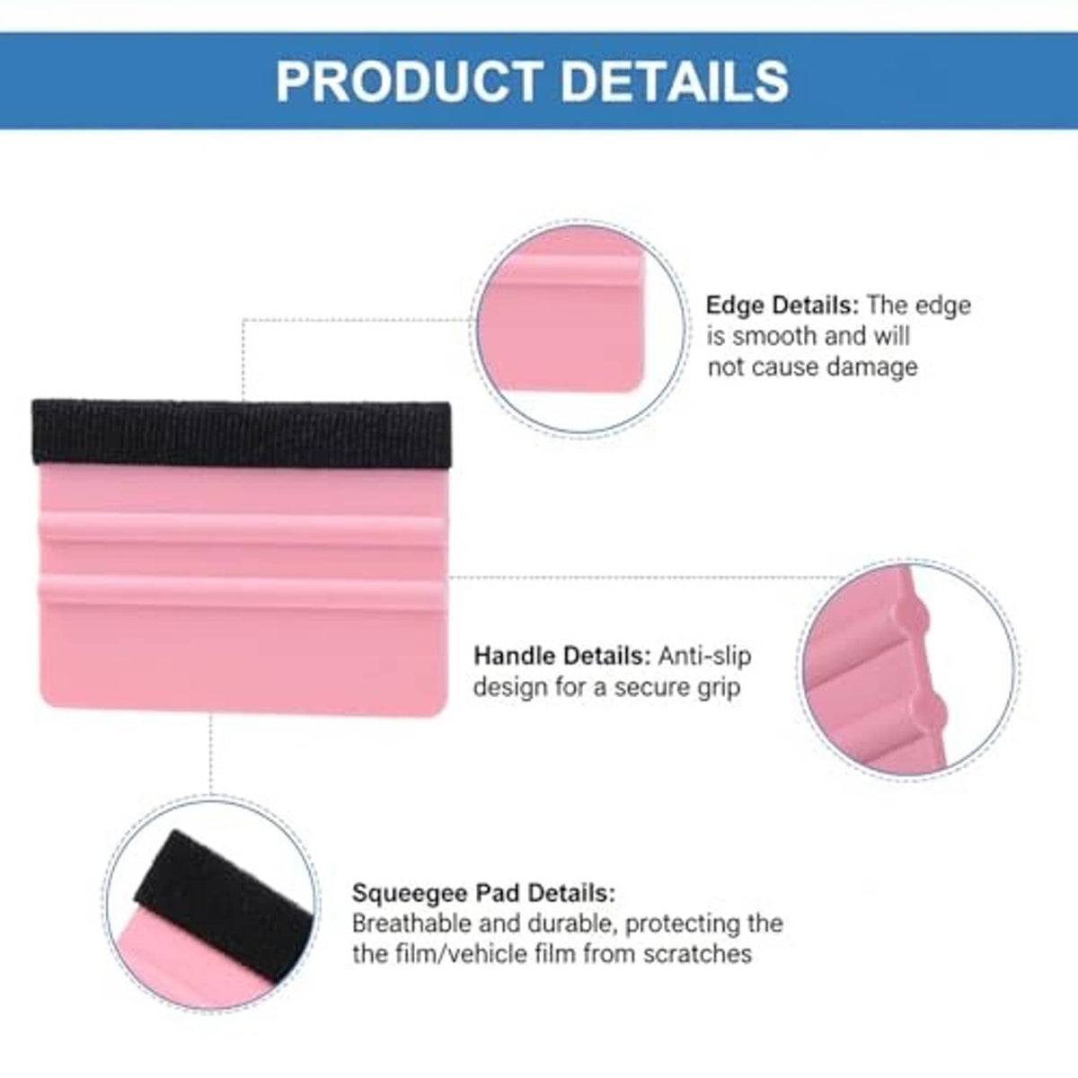 Pink felt squeegee pad with black edge and anti-slip handle design detail