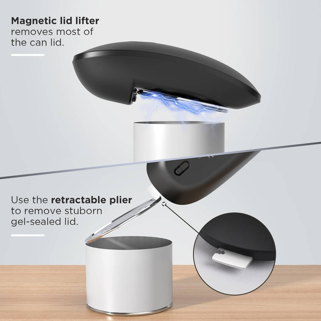 Electric can opener lifting a can lid with retractable plier over can