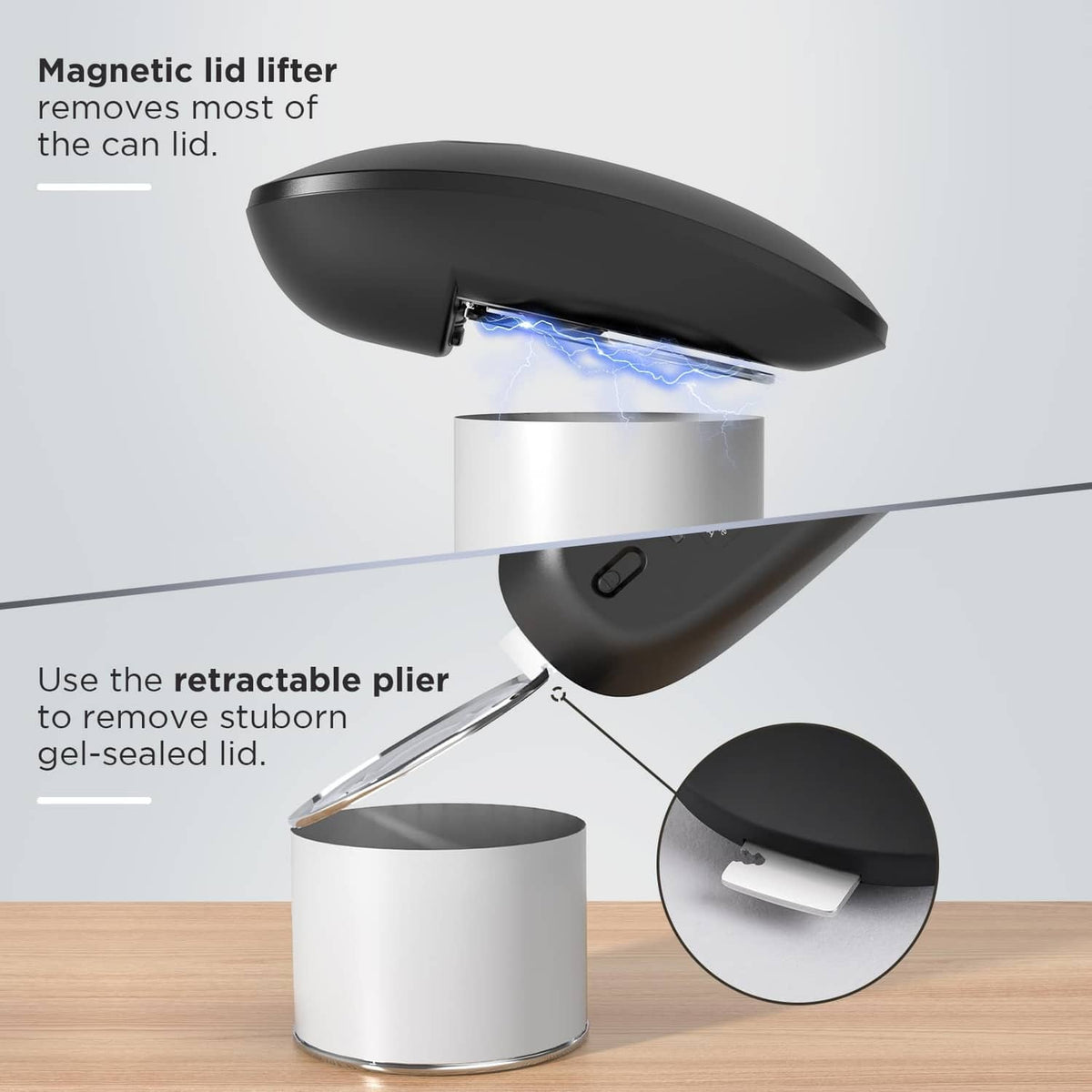 Electric can opener lifting a can lid with retractable plier over can
