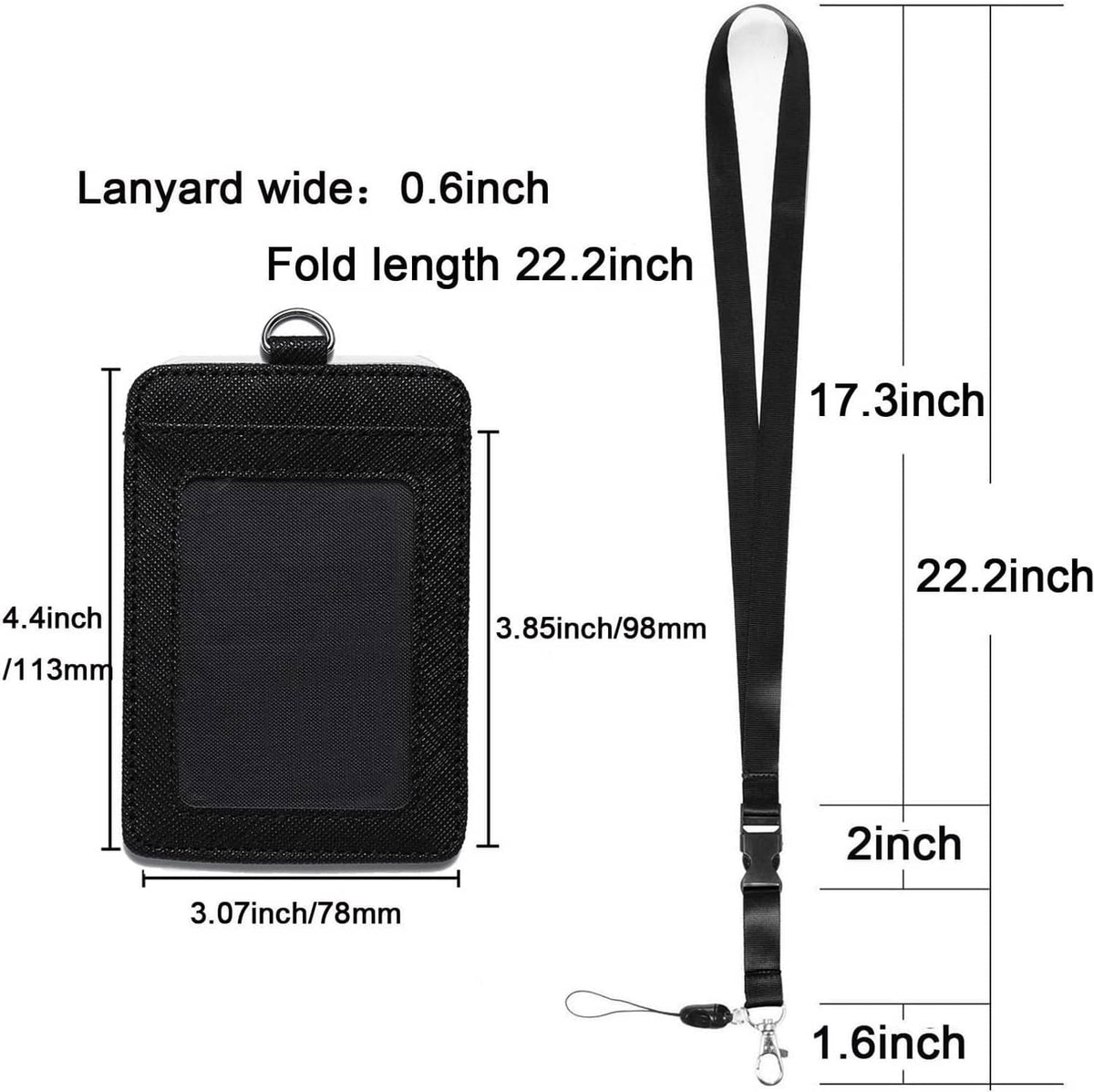 Black badge holder pocket with detachable neck strap, size diagram