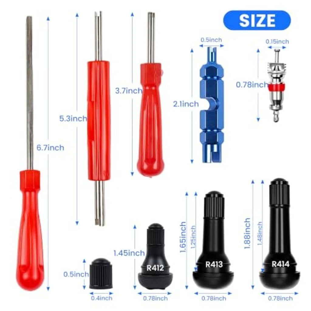 Tire valve stem tool set with red handle, blue adapter, and black valve caps