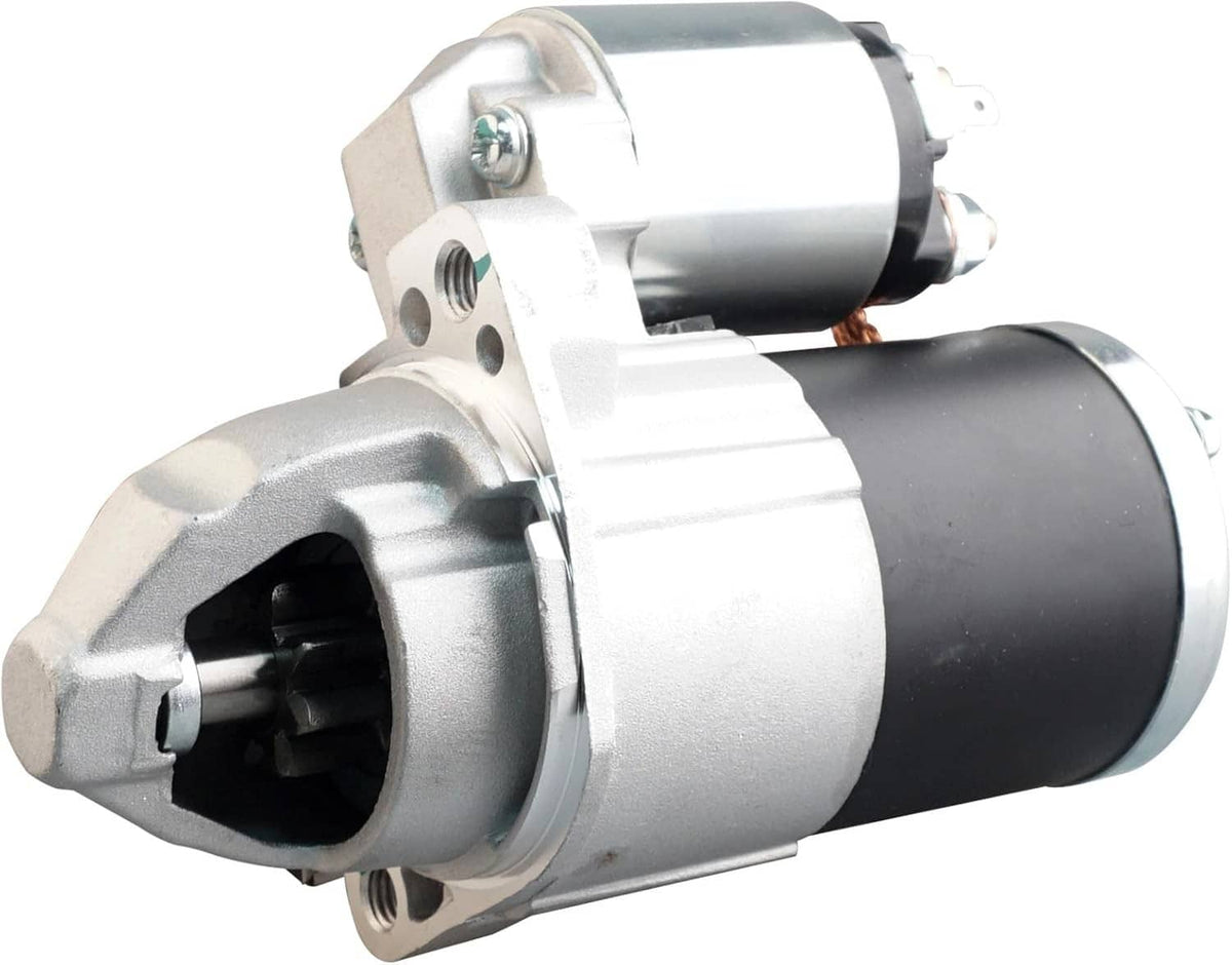 Starter motor close-up with silver casing, black cylinder, and terminal wires at top