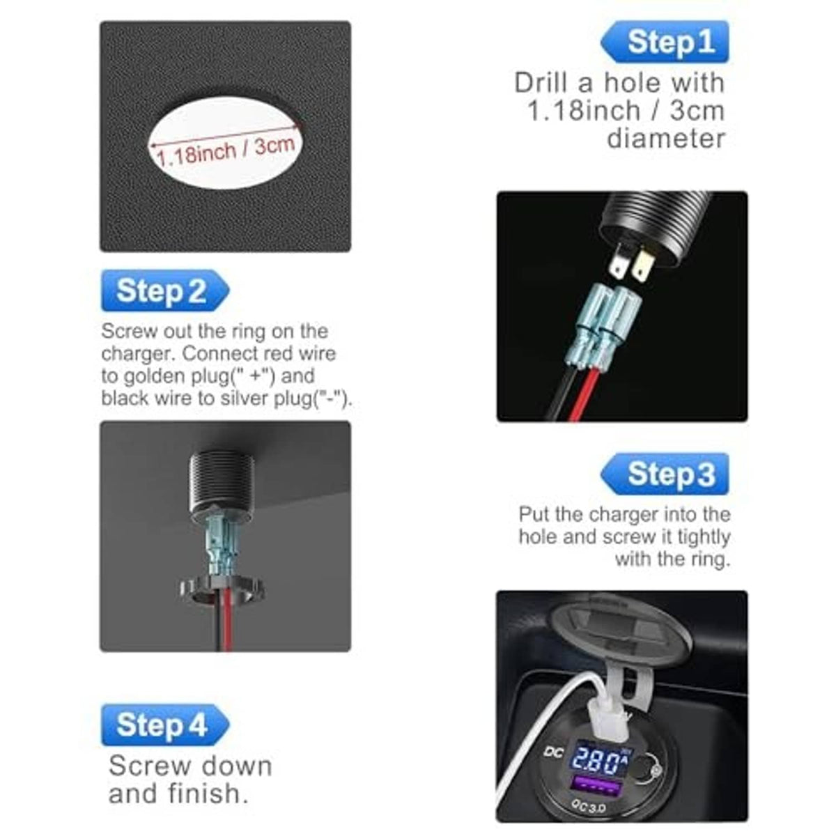 Black 12V USB-C car charger kit with mounting ring, screws, fuse, and DC wires