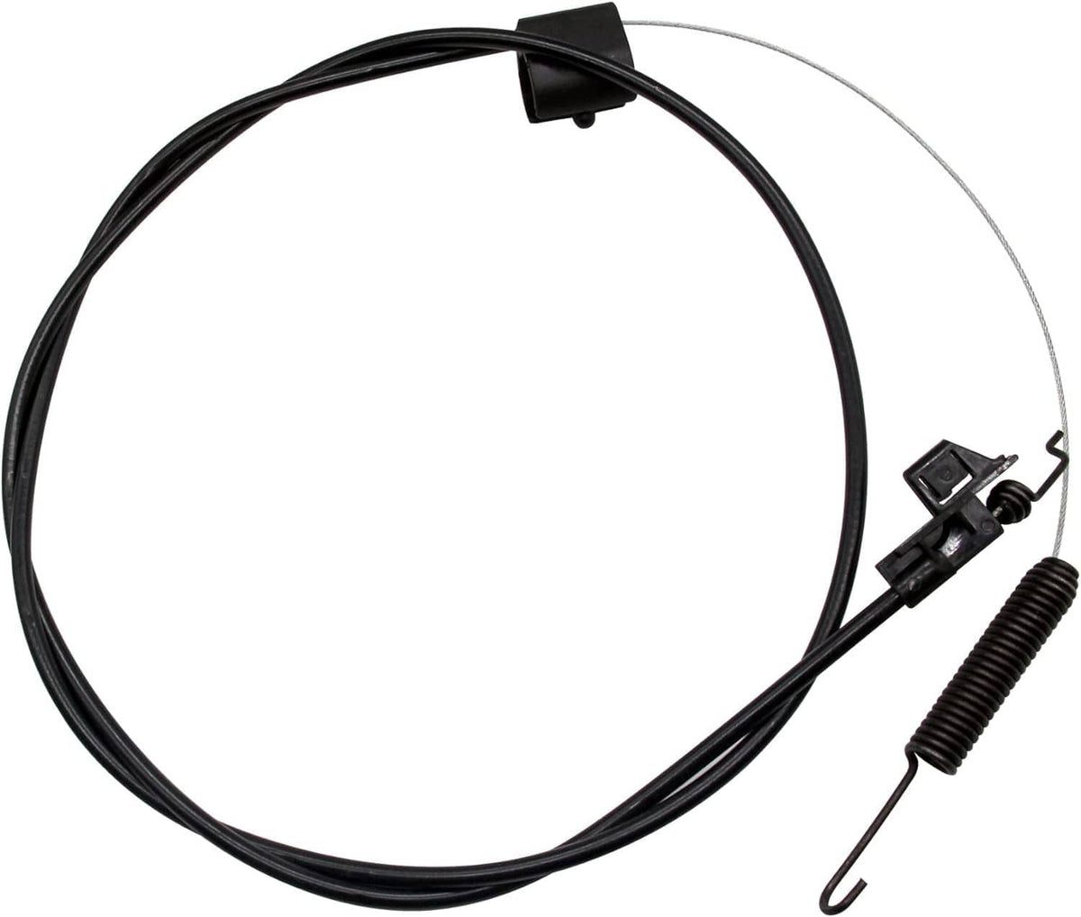 Black self-propelled mower drive cable with spring and mounting clips