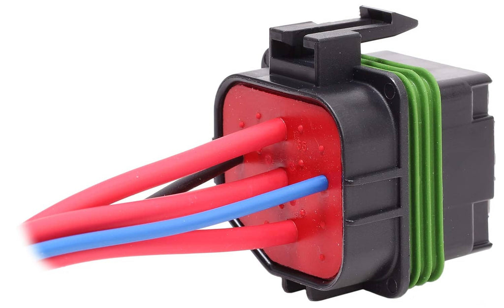 Weatherproof relay socket connector with red and blue wires and green latch fins