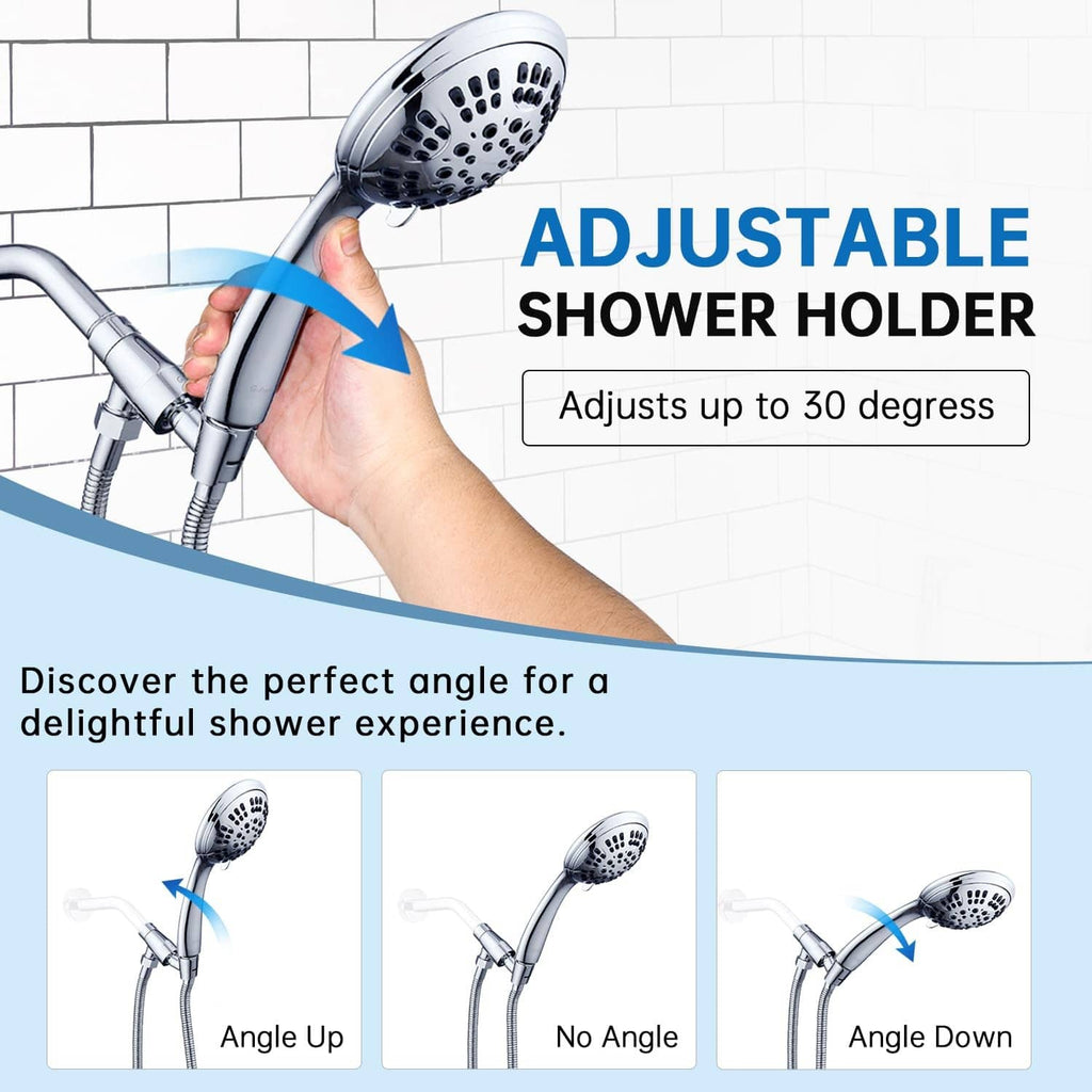 Adjustable metal shower head holder for handheld shower, chrome with angle adjustment