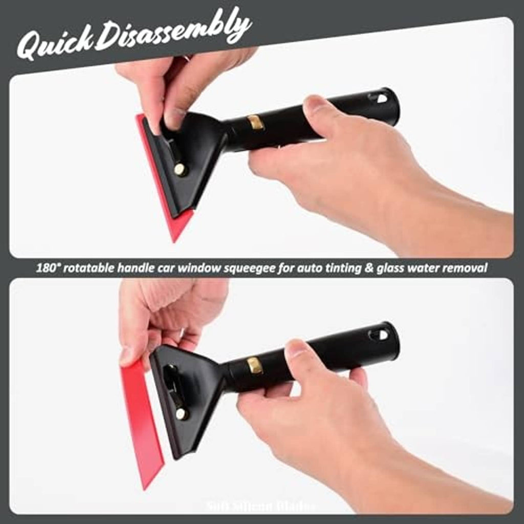 Small window squeegee with detachable pivot head, black handle and red blade