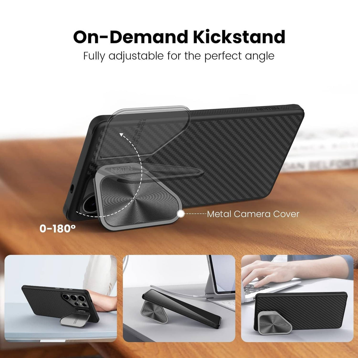 Black phone case with adjustable kickstand and magnetic camera cover